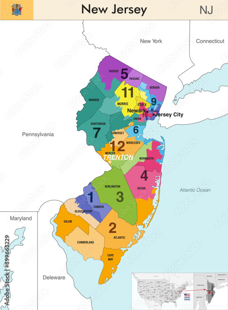 New Jersey state map with counties borders and colored congressional districts boundaries due to The 2020 United States census and which is valid since 2023. Flag of New Jersey. Vector