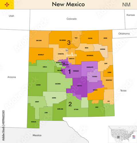 New Mexico state map with counties borders and colored congressional districts boundaries due to The 2020 United States census and which is valid since 2023. Flag of New Mexico. Vector