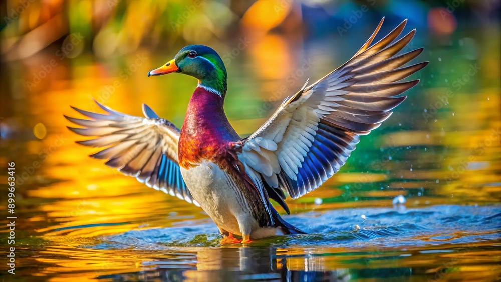 Obraz premium Vibrant duck stands in shallow water, spreading colorful wings, sending ripples through serene aquatic environment with joyful, energetic splash.