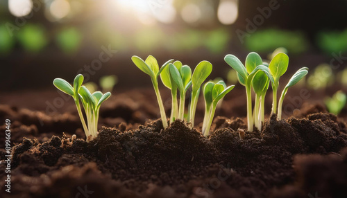 Tiny green shoots growing from the ground. New plant life in garden. Nature concept.
