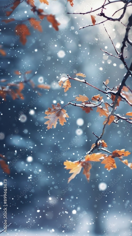 Soft snowflakes dance around golden leaves on a tranquil winter evening Soft snowflakes dance around golden leaves on a tranquil winter evening