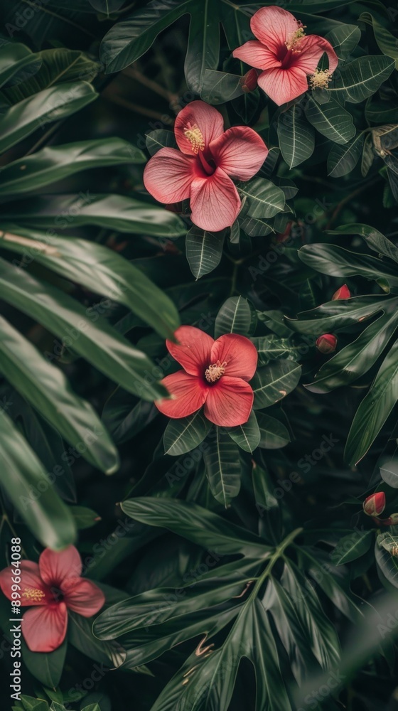 Bright red blooms emerge from rich green foliage, creating a tropical paradise Bright red blooms emerge from rich green foliage, creating a tropical paradise
