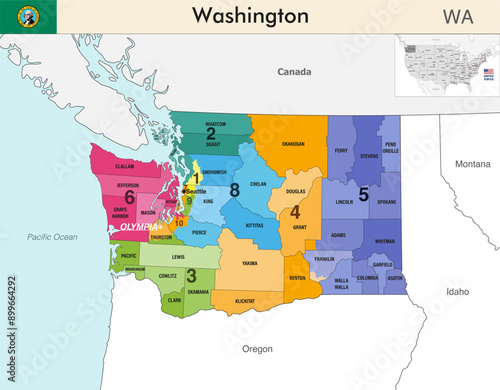 Washington state map with counties borders and colored congressional districts boundaries due to The 2020 United States census and which is valid since 2023. Flag of Washington. Vector