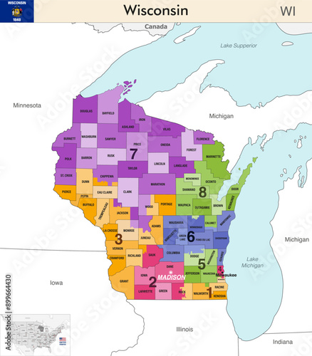 Wisconsin state map with counties borders and colored congressional districts boundaries due to The 2020 United States census and which is valid since 2023. Flag of Wisconsin. Vector