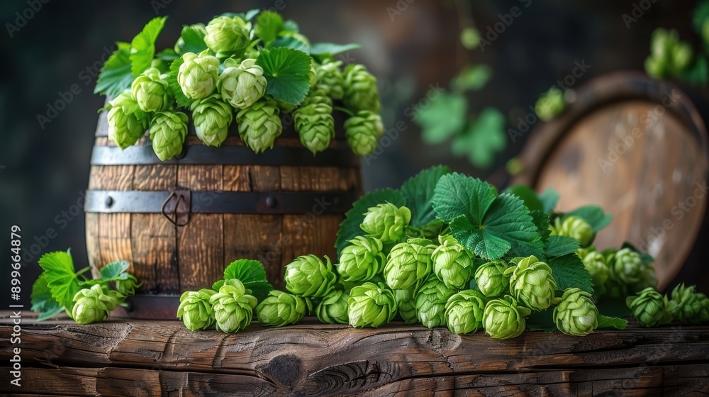 Fresh green hops branch on a wooden table surrounded by a barrel Fresh green hops branch on a wooden table surrounded by a barrel