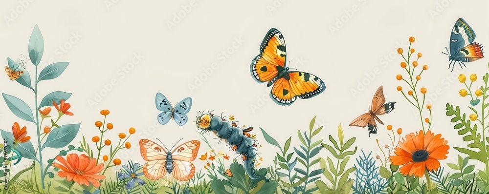 Insect lifecycle from larva to adult, flat design, side view, nature study theme, watercolor, complementary color scheme Insect lifecycle from larva to adult, flat design, side view, nature study theme, watercolor, complementary color scheme