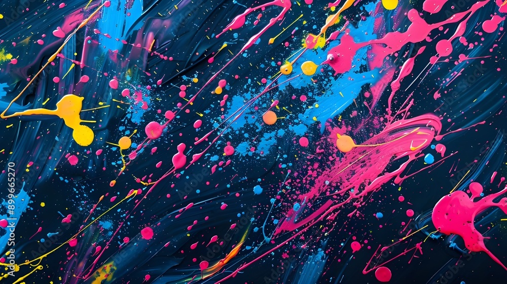 Abstract image of colorful paint splatter on a dark background, creating a bold and artistic visual Abstract image of colorful paint splatter on a dark background, creating a bold and artistic visual