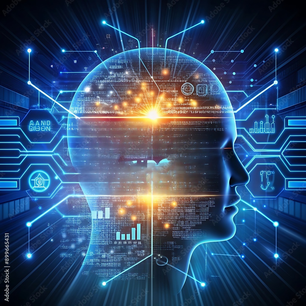 A digital rendering of a human head surrounded by data and circuitry, with a bright light emanating from the brain area, symbolizing artificial intelligence and technology A digital rendering of a human head surrounded by data and circuitry, with a bright light emanating from the brain area, symbolizing artificial intelligence and technology