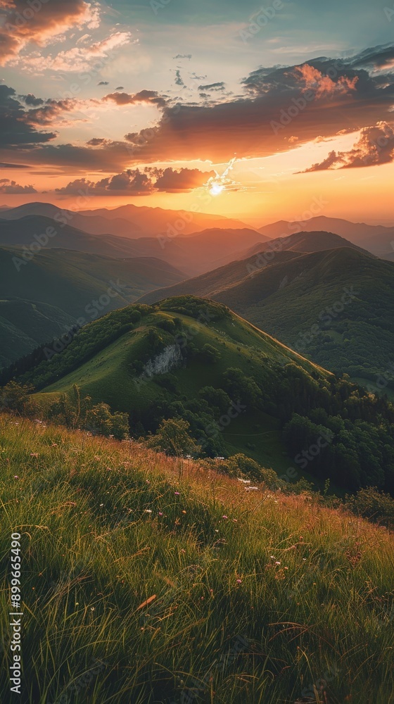 Golden rays illuminate the hills during a tranquil sunset, painting the sky beautifully Golden rays illuminate the hills during a tranquil sunset, painting the sky beautifully