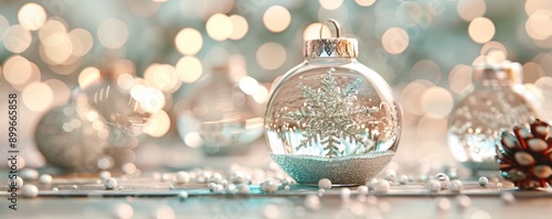 Elegant Christmas ornament with intricate snowflake design, surrounded by twinkling lights and festive decor, perfect for holiday celebrations.