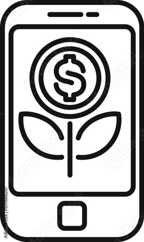 Simple line icon of a smartphone showing a flower with dollar coin instead of petals, representing the concept of mobile banking and online investment