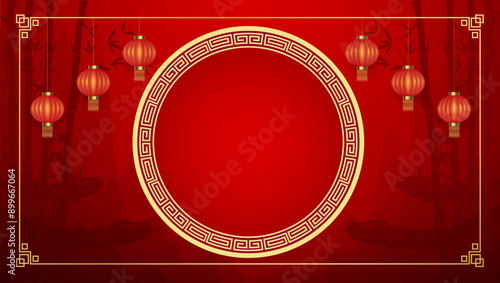 Happy Chinese New Year 2025. Chinese snake zodiac sign with bamboo tree on mountain red background for card design. China lunar calendar animal. Empty space for text. Vector EPS10.