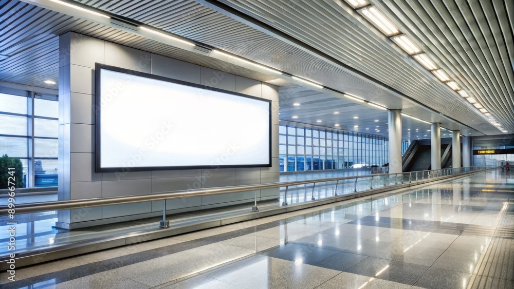 Obraz premium Large commercial advertisement display screen mounted high above vacant airport terminal walkway with modern architecture and sleek flooring visible.