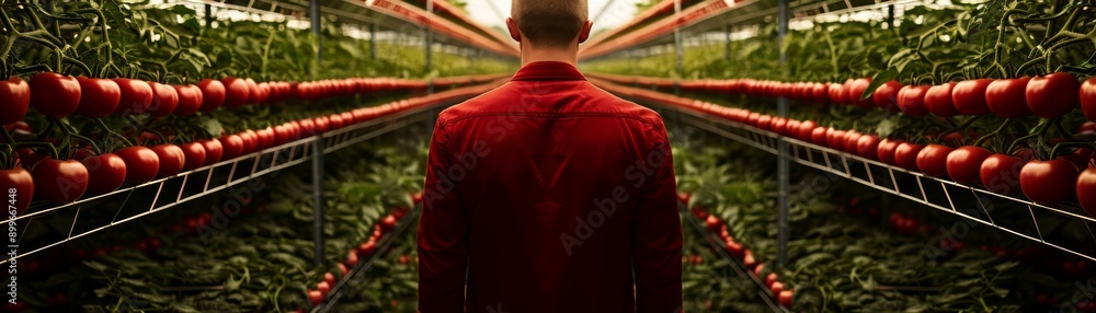 Fototapeta premium Person observes lush tomato plants in a greenhouse, showcasing vibrant colors and healthy foliage for agricultural innovation.