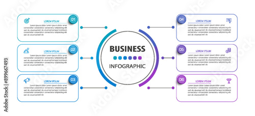 Business vector infographic design template with 6 options or steps. Can be used for process diagram, presentations, workflow layout, banner, flow chart, info graph
