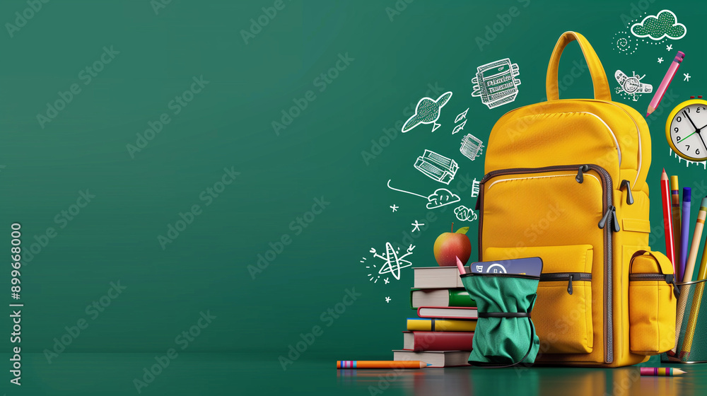 3D Render of a Yellow Backpack with School Supplies on Green Background Featuring Hand-Drawn Doodles of Books, Apple, Pencil, Alarm Clock, Bus, and Spaceship - Perfect Back-to-School Concept Banner De 3D Render of a Yellow Backpack with School Supplies on Green Background Featuring Hand-Drawn Doodles of Books, Apple, Pencil, Alarm Clock, Bus, and Spaceship - Perfect Back-to-School Concept Banner De