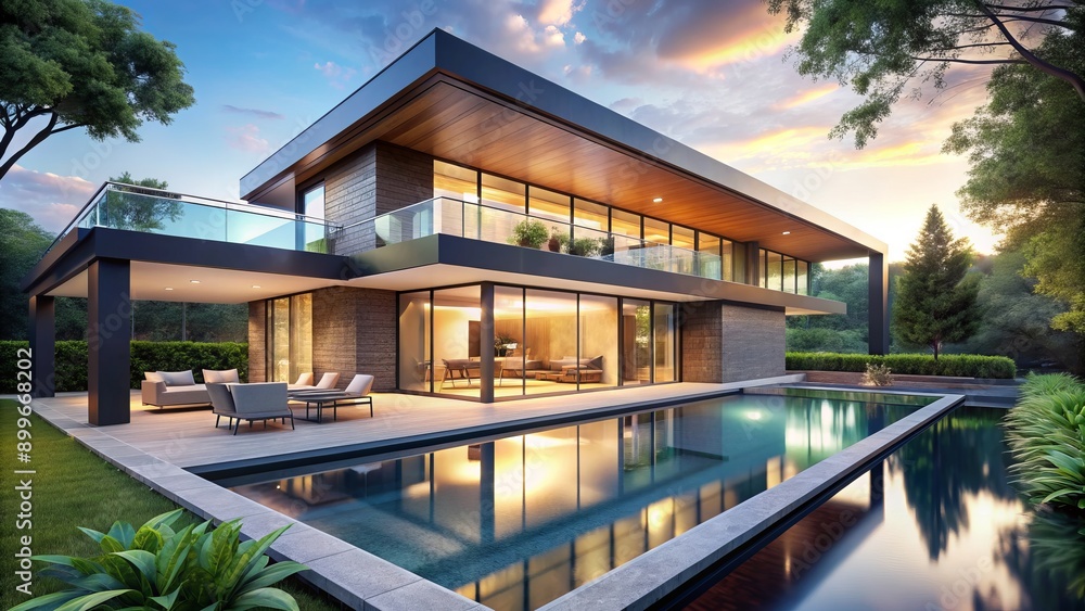 Luxurious modern house with sleek lines and floor-to-ceiling windows overlooking a serene infinity pool and lush green surroundings. Luxurious modern house with sleek lines and floor-to-ceiling windows overlooking a serene infinity pool and lush green surroundings.