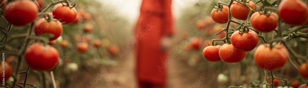 Obraz premium Vibrant red tomatoes hanging on green vines, with a blurred figure in a red outfit in a tomato field, capturing the essence of harvest.
