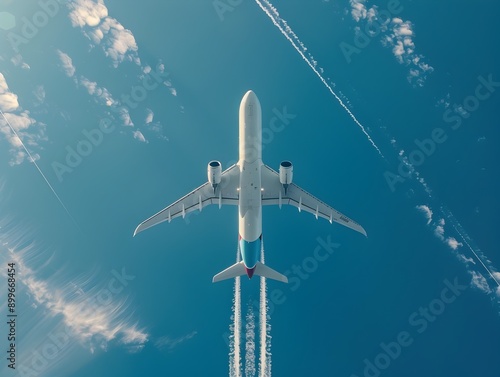 Minimalist Airplane Cruising in Serene Blue Sky with Trailing White Contrails