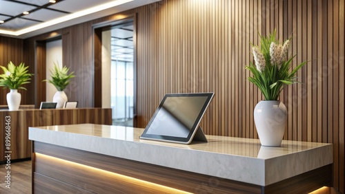 Wallpaper Mural Modern hotel reception desk with a sleek tablet and elegant decor, awaiting a friendly receptionist to assist with a comfortable guest experience. Torontodigital.ca