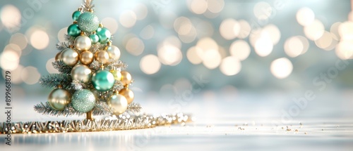 Sparkling miniature Christmas tree adorned with colorful ornaments, set against a dreamy bokeh background, perfect for holiday themes.