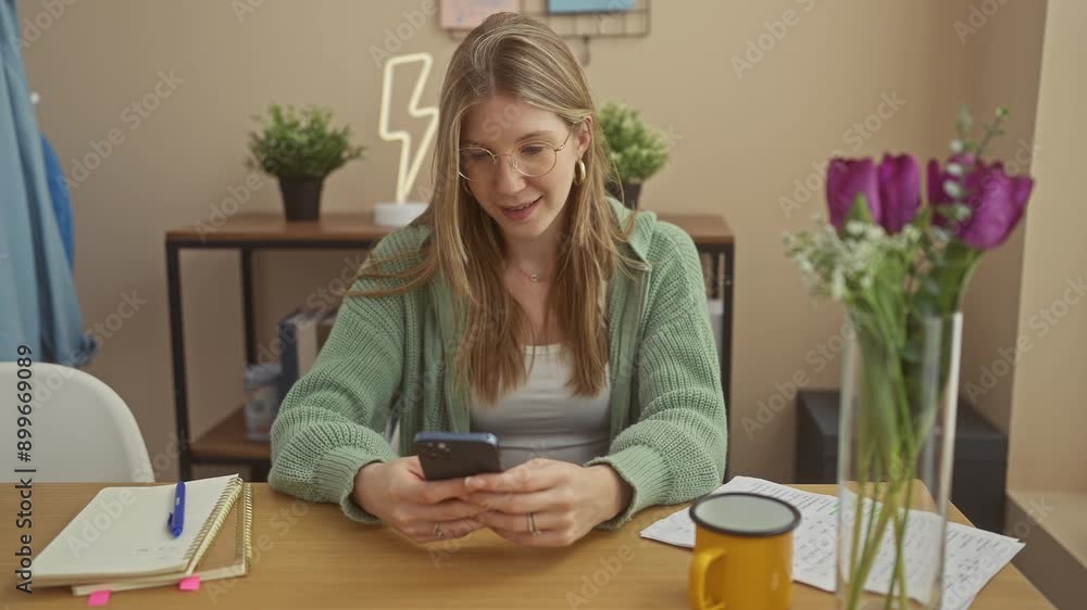 Smiling young woman using smartphone in a cozy home office with flowers and notebook on desk Smiling young woman using smartphone in a cozy home office with flowers and notebook on desk