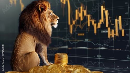 A striking image of a lion surrounded by stacks of cryptocurrency coins, with financial charts and graphs in the background. This image symbolizes strength and stability in the financial market photo