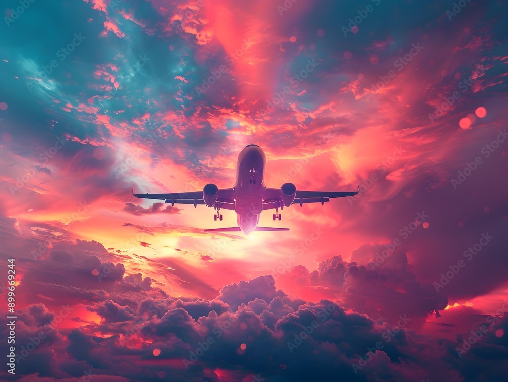 Fototapeta premium Majestic Airplane Soaring Through Vibrant Sunset Sky with Dramatic Clouds