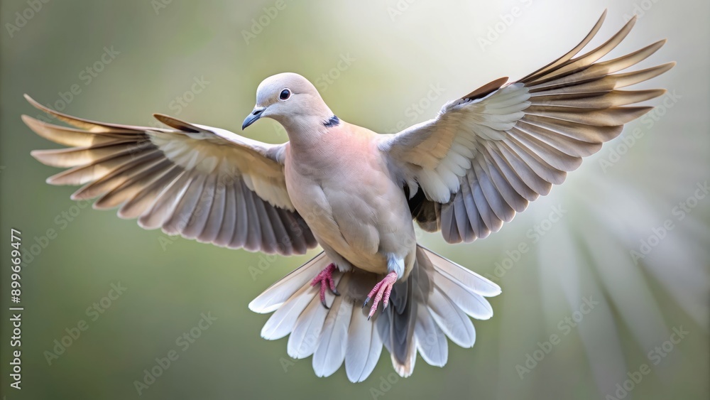 Obraz premium A delicate, gray-brown European collared dove in mid-air, wings outstretched, feathers glistening, set against a transparent, isolated background.