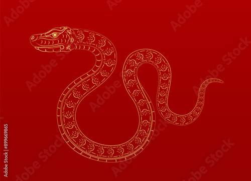 Chinese snake zodiac. Golden lines on red background. For card design print media or festival. China lunar calendar animal happy new year. Vector EPS10 Illustration.