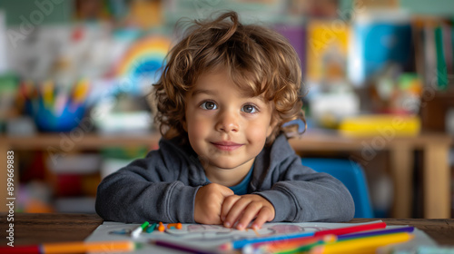 Adorable little boy sitting at classroom desk coloring with pencils, pre-school learning, copy space