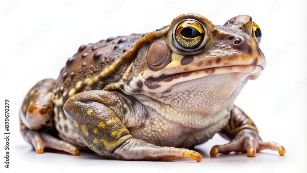 Isolated cutout of Bufo Alvarius, a Colorado River Toad, sits sideways with golden eyes gazing ahead on a transparent background. Isolated cutout of Bufo Alvarius, a Colorado River Toad, sits sideways with golden eyes gazing ahead on a transparent background.