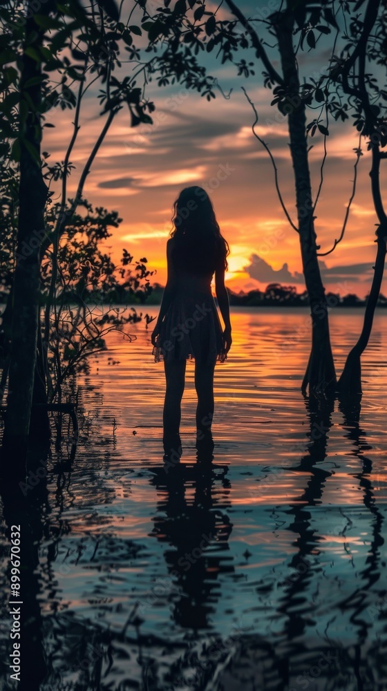 A tranquil sunset casts vibrant colors over the still water, enhancing beauty A tranquil sunset casts vibrant colors over the still water, enhancing beauty
