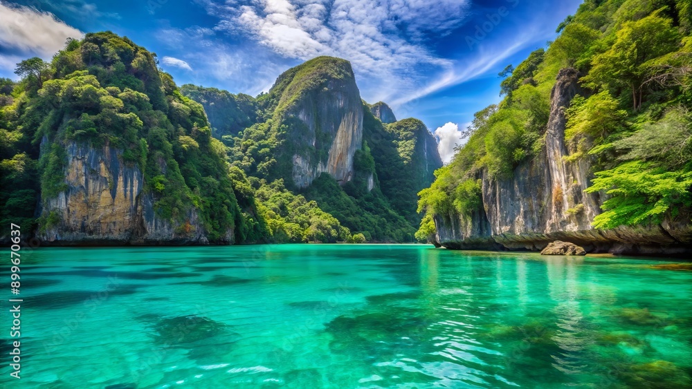 Turquoise calm ocean water laps against lush green jungle cliffs in a secluded Phi Phi island bay at high tide. Turquoise calm ocean water laps against lush green jungle cliffs in a secluded Phi Phi island bay at high tide.