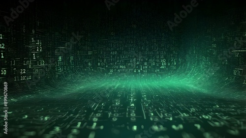 by a binary code matrix in green. dark background