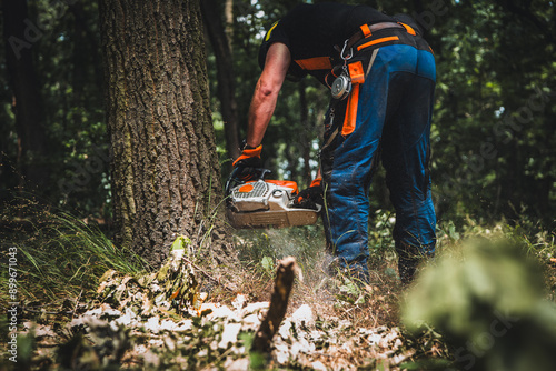 Close-up of woodcutter sawing chain saw in motion, sawdust fly to sides. Chainsaw in motion. Hard wood working in forest. Sawdust fly around. Firewood processing. Forest industry. photo