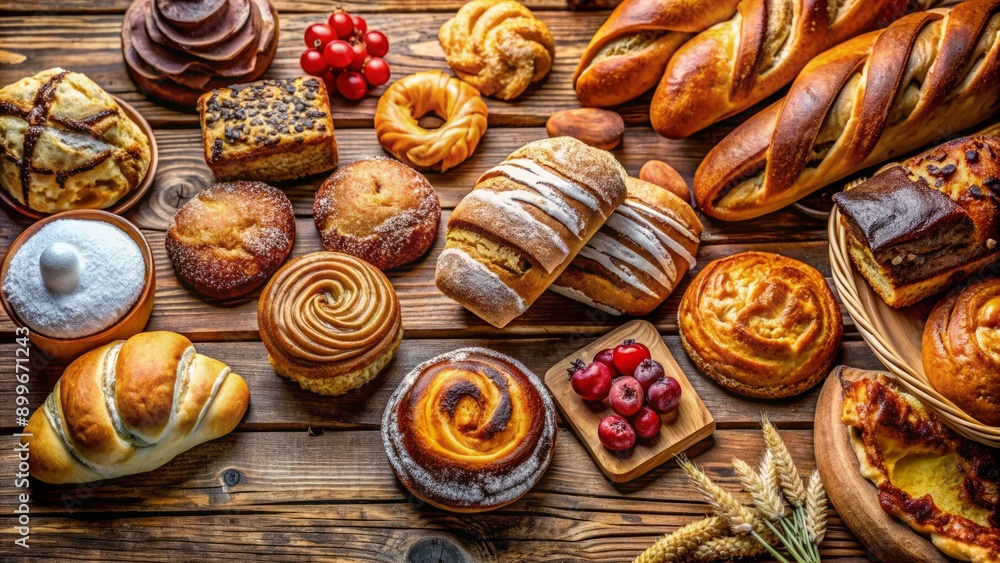 Fototapeta premium Vibrant bakery menu social media banner featuring mouthwatering pastries, cakes, and bread on a rustic wooden background.