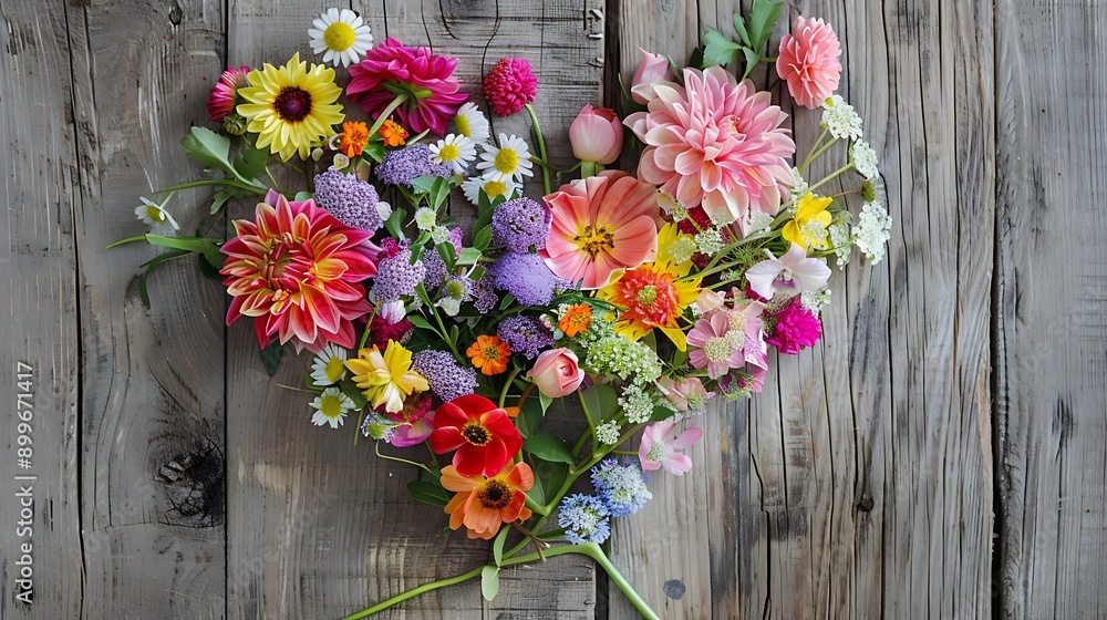 Naklejka premium Heart-shaped floral arrangement featuring a mix of bright and pastel flowers, placed on a rustic wooden surface