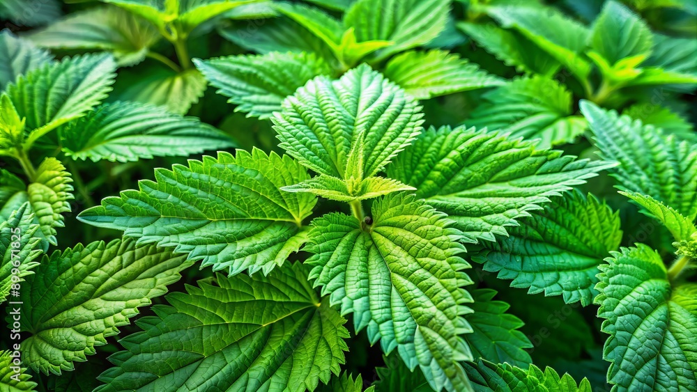 Vibrant green leaves of fresh nettle plants thrive in dense, lush thickets, showcasing natural medicinal properties in serene botanical setting. Vibrant green leaves of fresh nettle plants thrive in dense, lush thickets, showcasing natural medicinal properties in serene botanical setting.