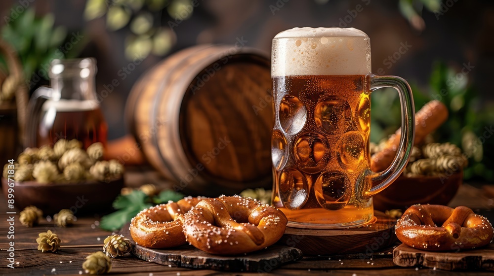 German Beer and Pretzels with Barrel and Hops on Wooden Table, Oktoberfest Celebration German Beer and Pretzels with Barrel and Hops on Wooden Table, Oktoberfest Celebration