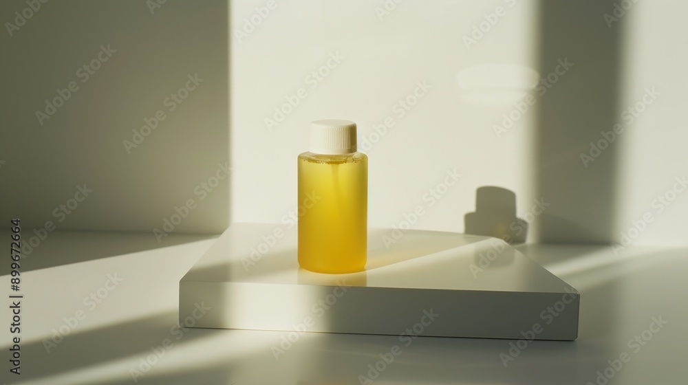 Yellow cosmetic bottle standing on white surface with sunlight and sharp shadows for showcasing packaging design Yellow cosmetic bottle standing on white surface with sunlight and sharp shadows for showcasing packaging design