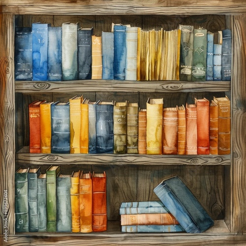 watercolored bookshelf filled with multi colored and different sized books., AI Generative photo