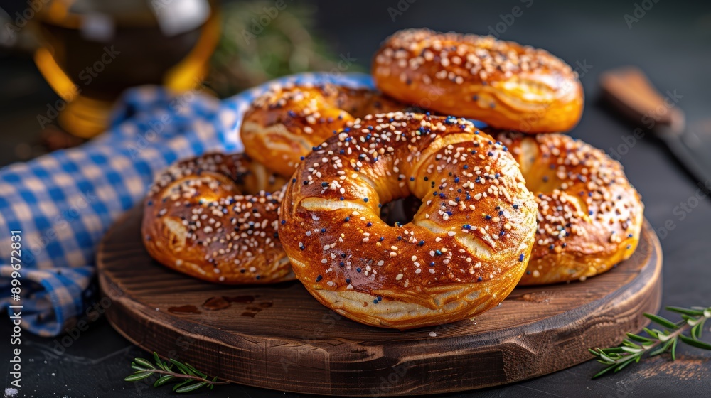 German Soft Pretzels on Wooden Cutting Board with Blue Checkered Cloth on Dark Background German Soft Pretzels on Wooden Cutting Board with Blue Checkered Cloth on Dark Background