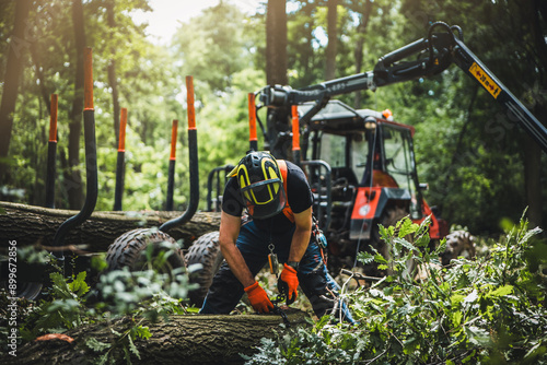 Close-up of woodcutter sawing chain saw in motion, sawdust fly to sides. Chainsaw in motion. Hard wood working in forest. Sawdust fly around. Firewood processing. Forest industry.