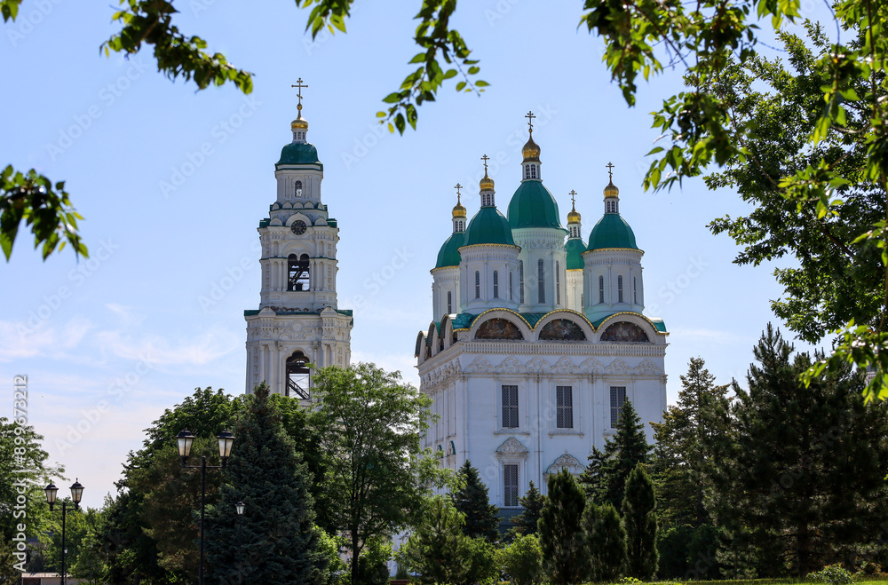 View of the Assumption Cathedral and the Prechistenskaya gate bell tower of the Astrakhan Kremlin. Astrakhan, Russia View of the Assumption Cathedral and the Prechistenskaya gate bell tower of the Astrakhan Kremlin. Astrakhan, Russia