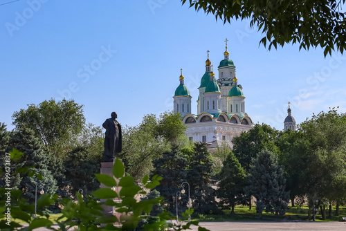 View of the domes of the Assumption Cathedral of the Astrakhan Kremlin from Lenin Square