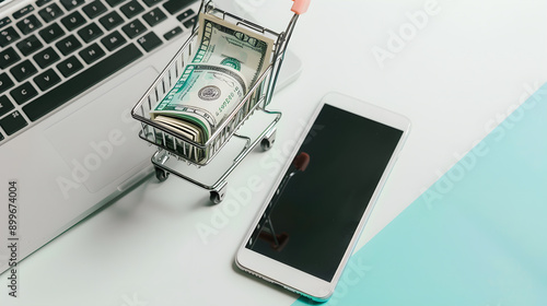 a miniature shopping cart filled with neatly rolled dollar bills, placed next to an open laptop on a light blue and white surface photo