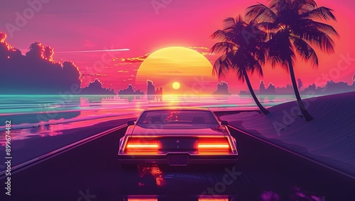 Synthwave Landscape with Neon Sunset photo