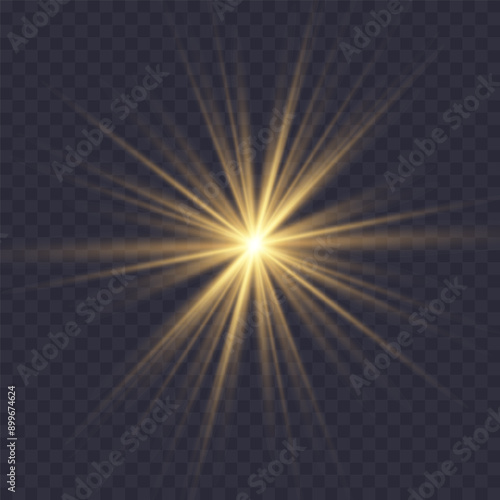 Glowing light explodes, light flash golden color. Beam of the shining sun. Special glare light effect. Bright flash.