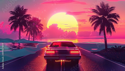 Retro Car Driving Towards Sunset photo